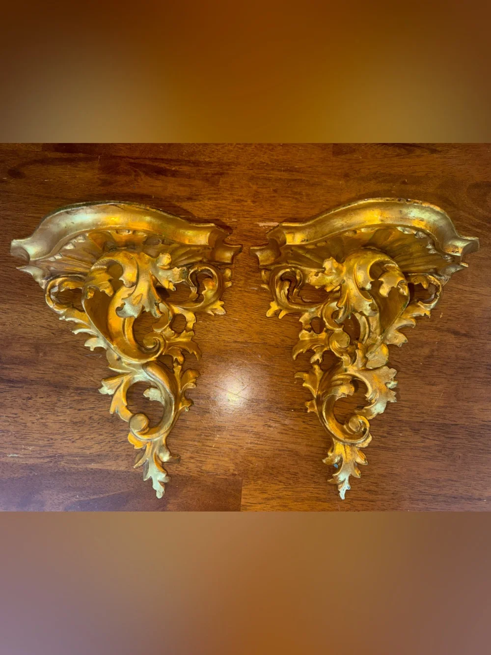 Antique Italian Rococo Style Wall Bracket Shelves Carved Wood Gold Gilded Set 2